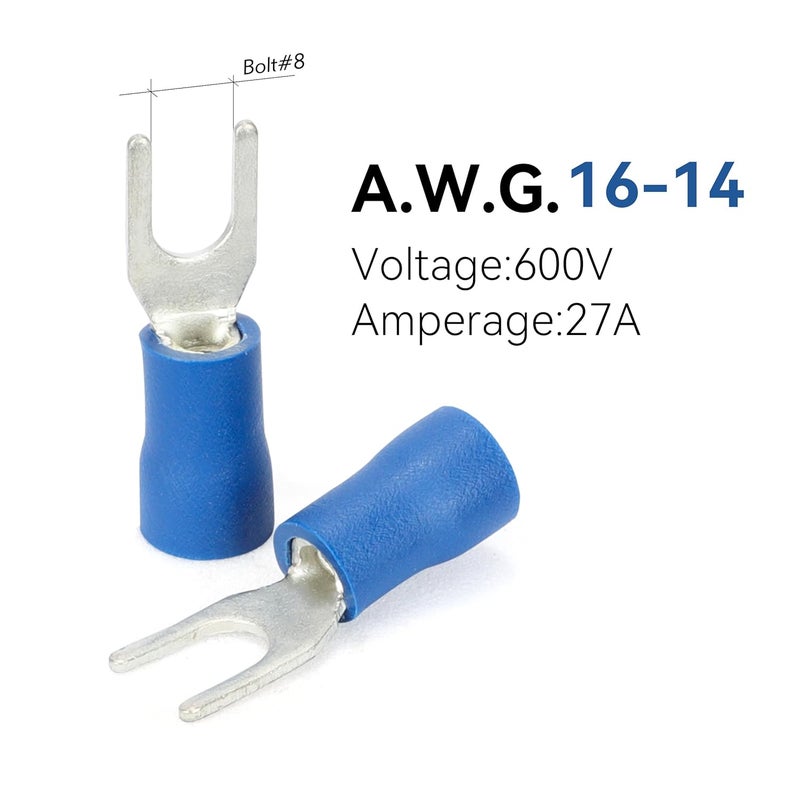 HK-S 200PCS Insulated Fork Spade Wire Connectors - Blue 16-14 AWG M4 Stud Size #8 - Tinned Red Copper - U-Type Electrical Crimp Terminals - Image 5